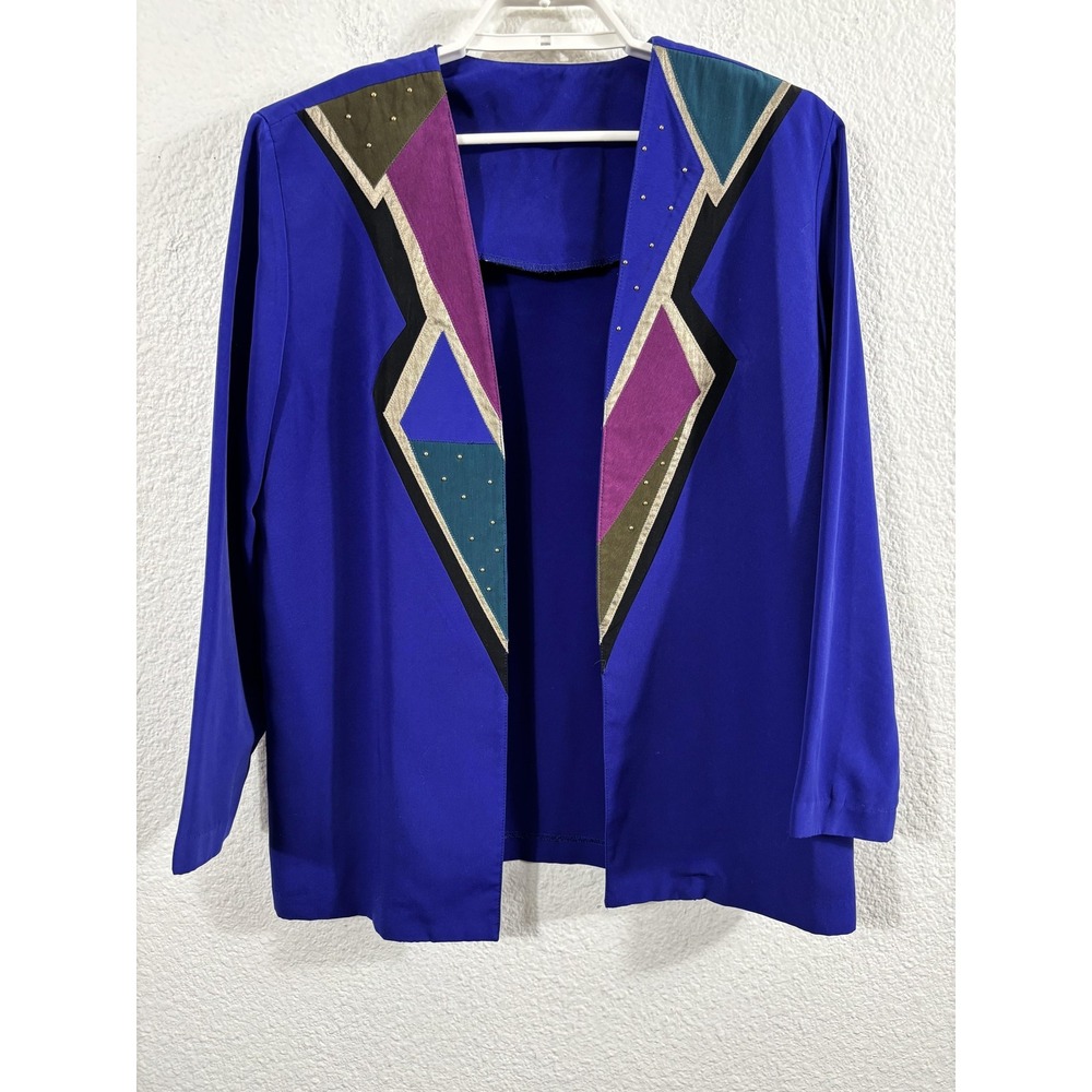 Vintage Blazer Jacket Womens Large Purple Geometric Studded Open Front 80s